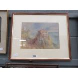 Framed and glazed watercolour of a castle on a lakeside scene