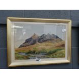 Framed and glazed watercolour of mountain scene signed Reg. Butler