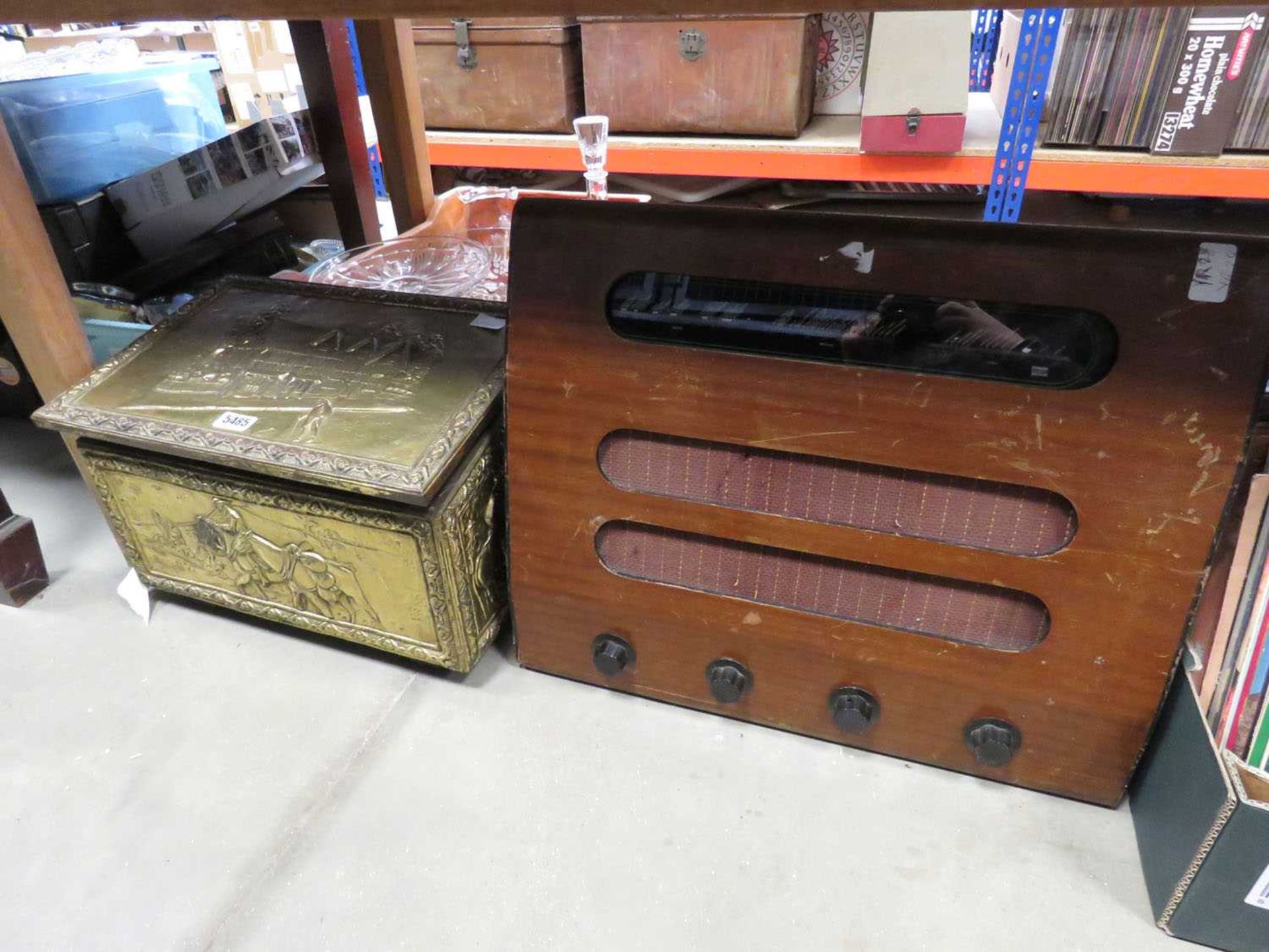 Copper clad coal bucket and a vintage radio