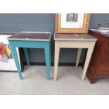 A pair of aluminium school desks with lift lids and tapering legs, w. 56 cm each