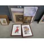 Quantity of assorted pictures and canvases depicting riverside scenes, dancers, etc