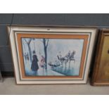 1970's print on board painting of a Parisian streetside scene