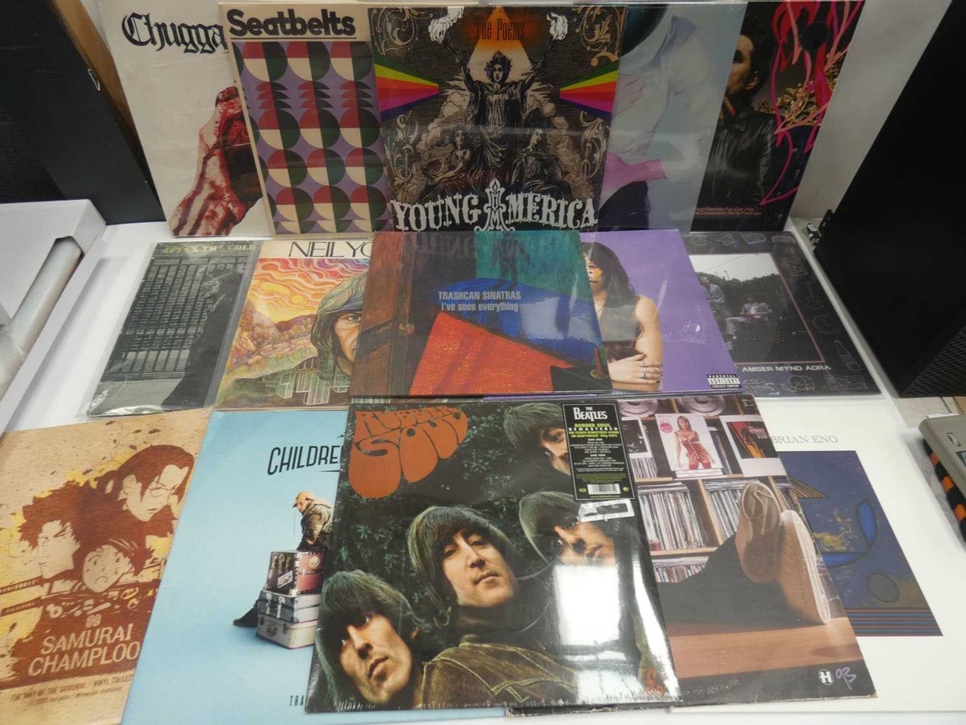 +VAT Box containing LP and 45 records to include The Beatles, Neil Young, Seatbelts and others