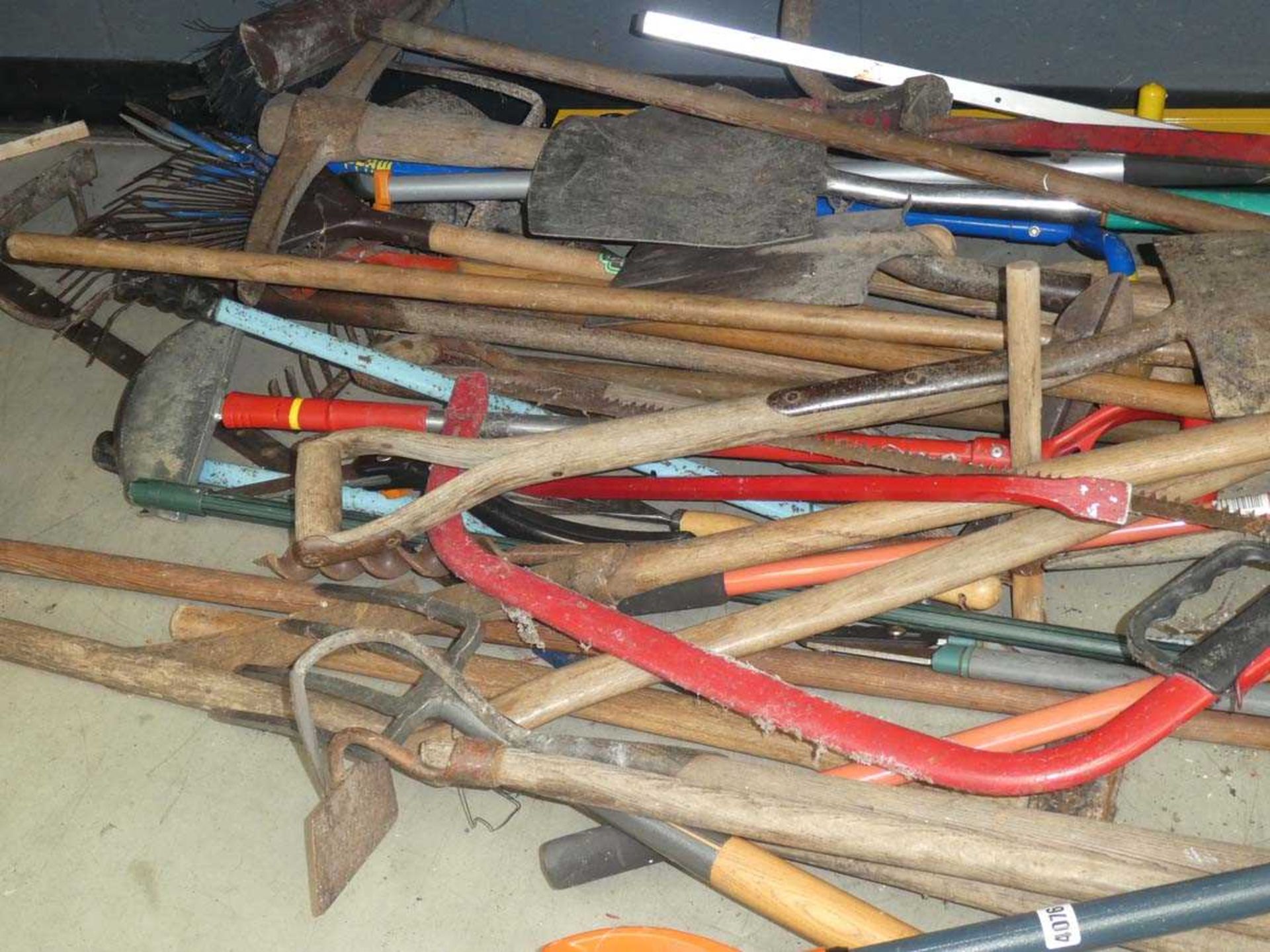 3/4 underbay of garden tools including shovels, forks, saws, loppers, rakes, sawhorses etc. - Image 2 of 3