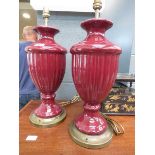 Pair of maroon glazed table lamps