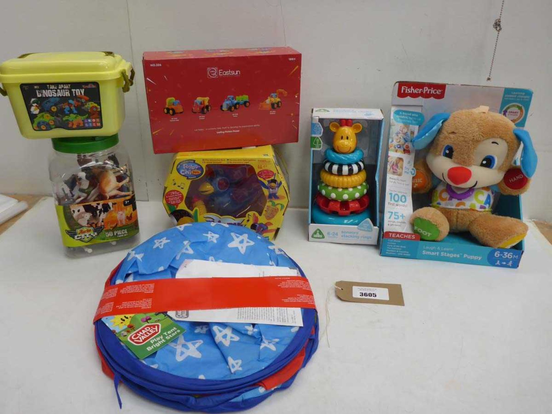 +VAT Fisher Price Smart Stages Puppy. Sensory stacking rings, play tent, Robo-Chi Pet chicken,