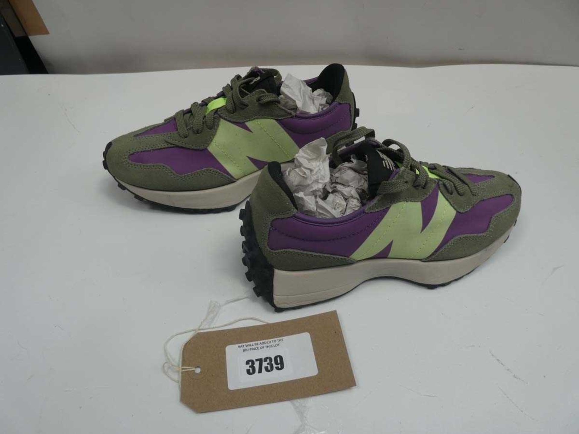 +VAT Pair of New Balance trainers in green / plum, size UK 5