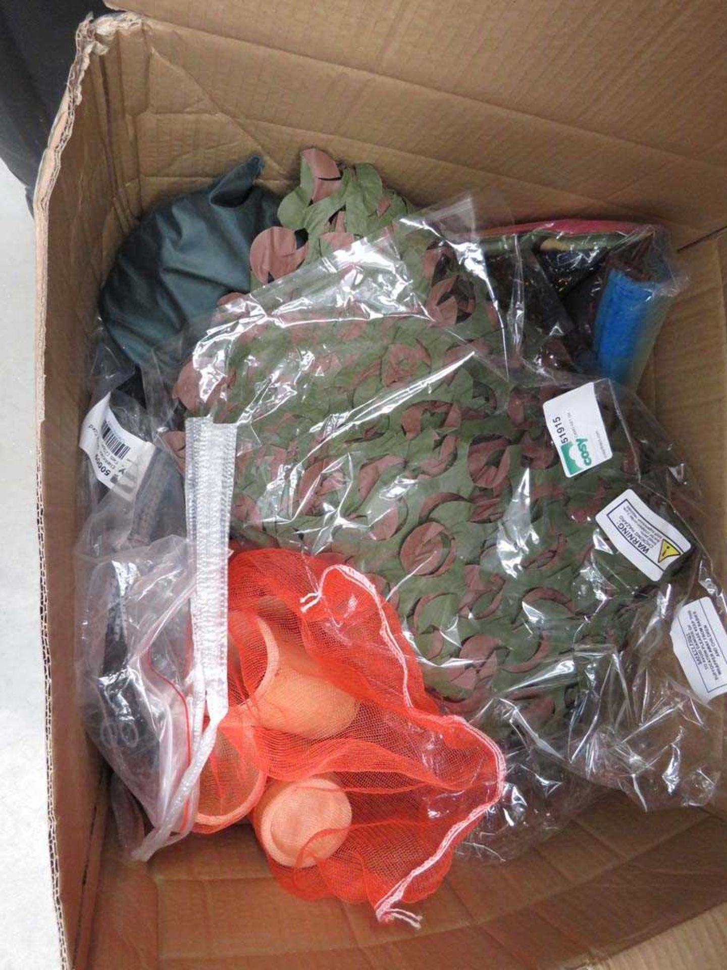 +VAT Box of various assault course accessories to include camo netting, climbing rope etc.