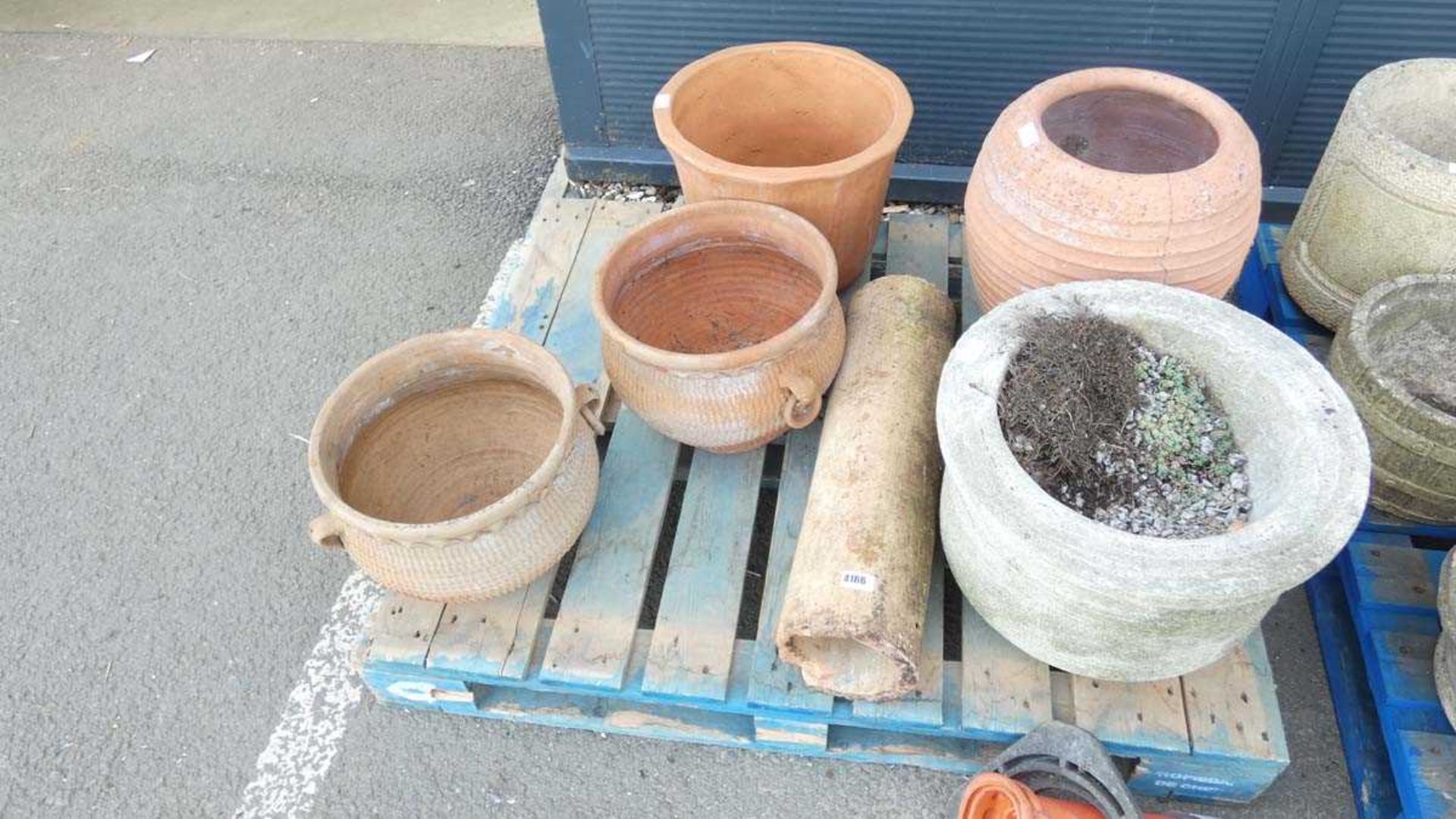 1x pallet containing 4x terracotta pots, 1 concrete pot and a terracotta pipe