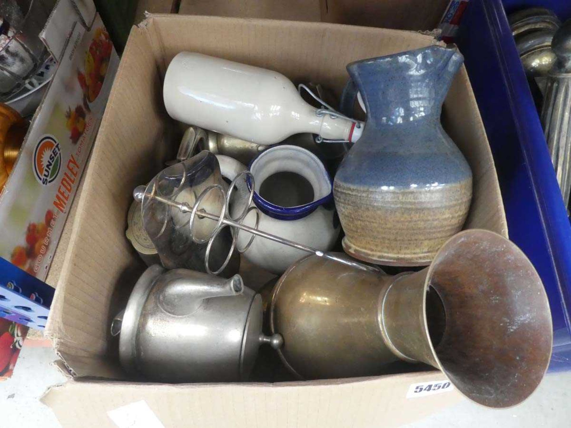 Box of assorted items to include brass urns, teapots, china drinking bottles etc