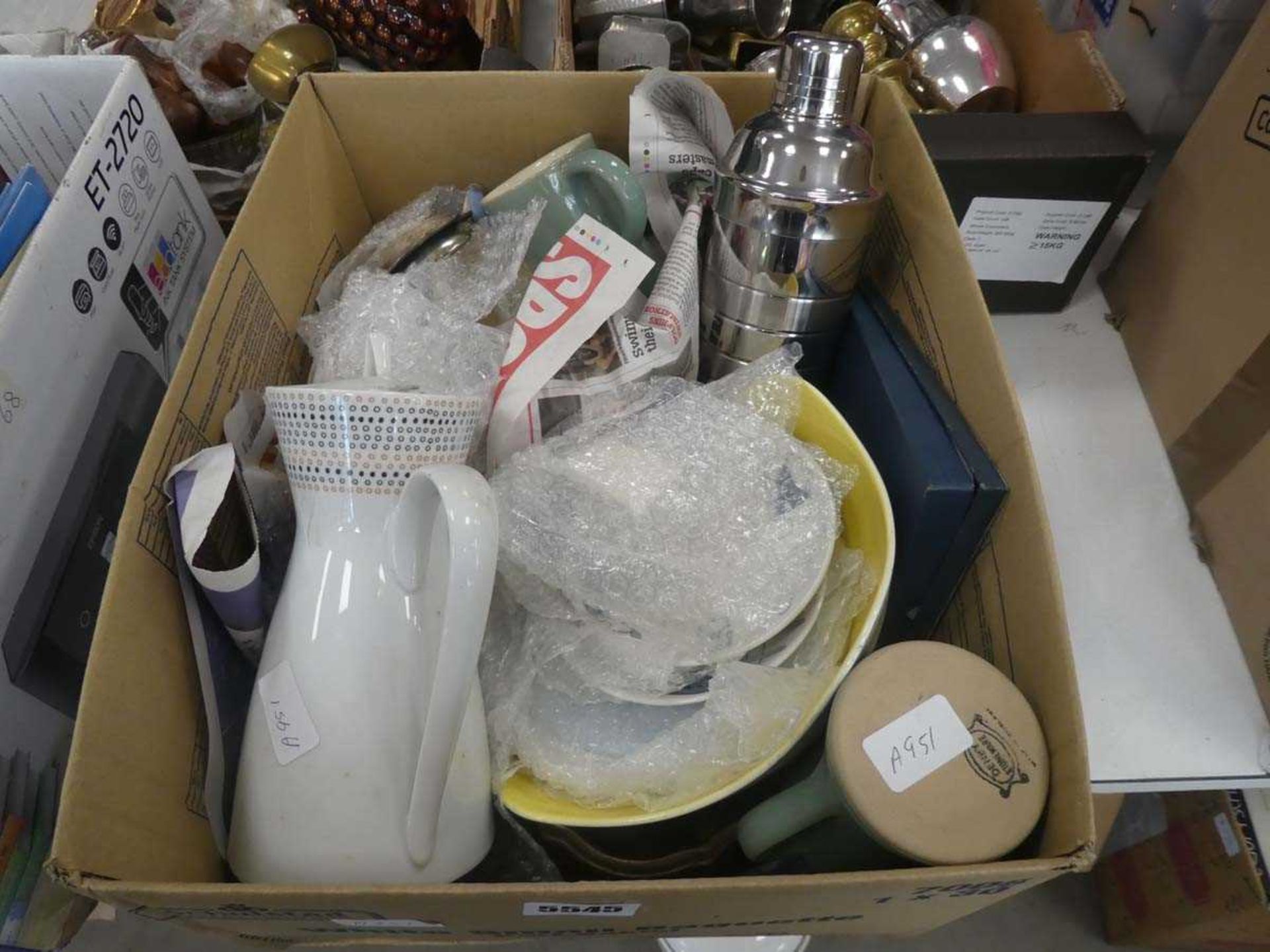 Box of assorted items to include cocktail shaker, Rosenthal coffee jug, Denby mugs, cutlery