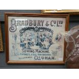 Framed and glazed advertising poster for sewing machines