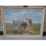 Oil on board of two horses in a field