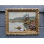 Single oil on board of a lakeside scene