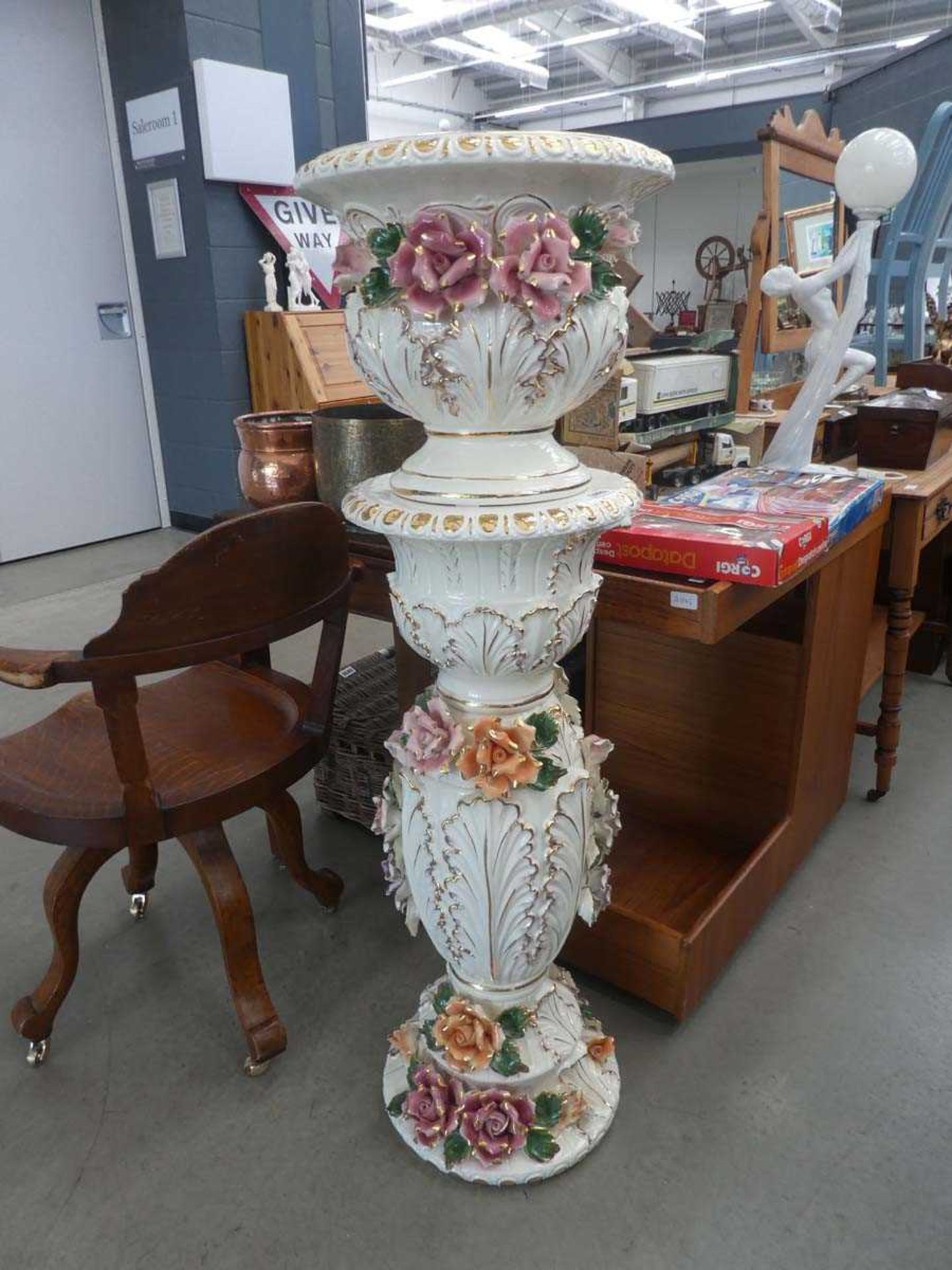 Large floral decorated ceramic jardinière with stand