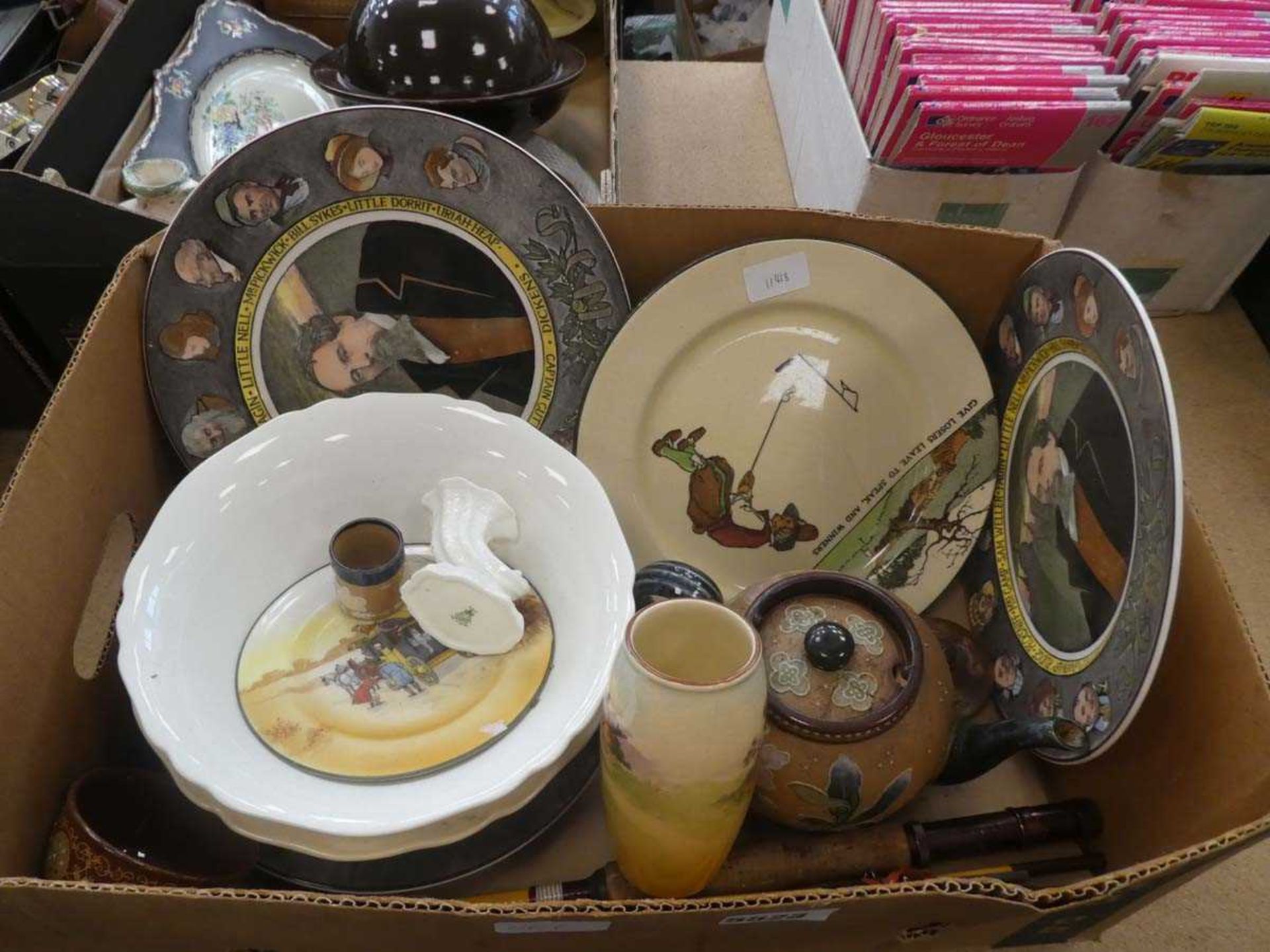 Single box of ceramic items to include Royal Doulton collectable plates and mini coffee cups,