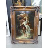 Oil on canvas of two prancing children in gold gilt frame