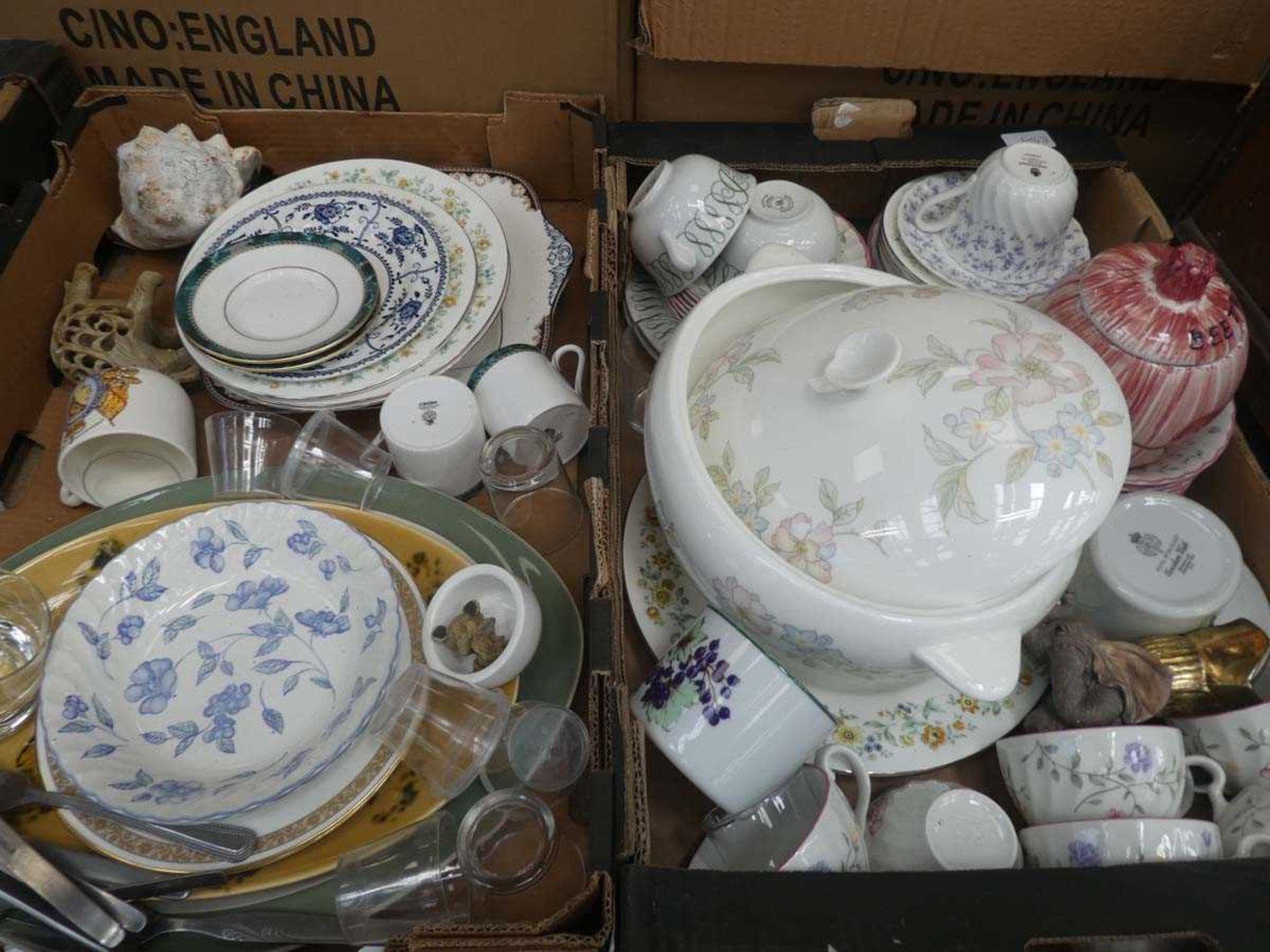 Four boxes of assorted china to include gravy boats, teacups, train figures, carved wooden - Image 2 of 3