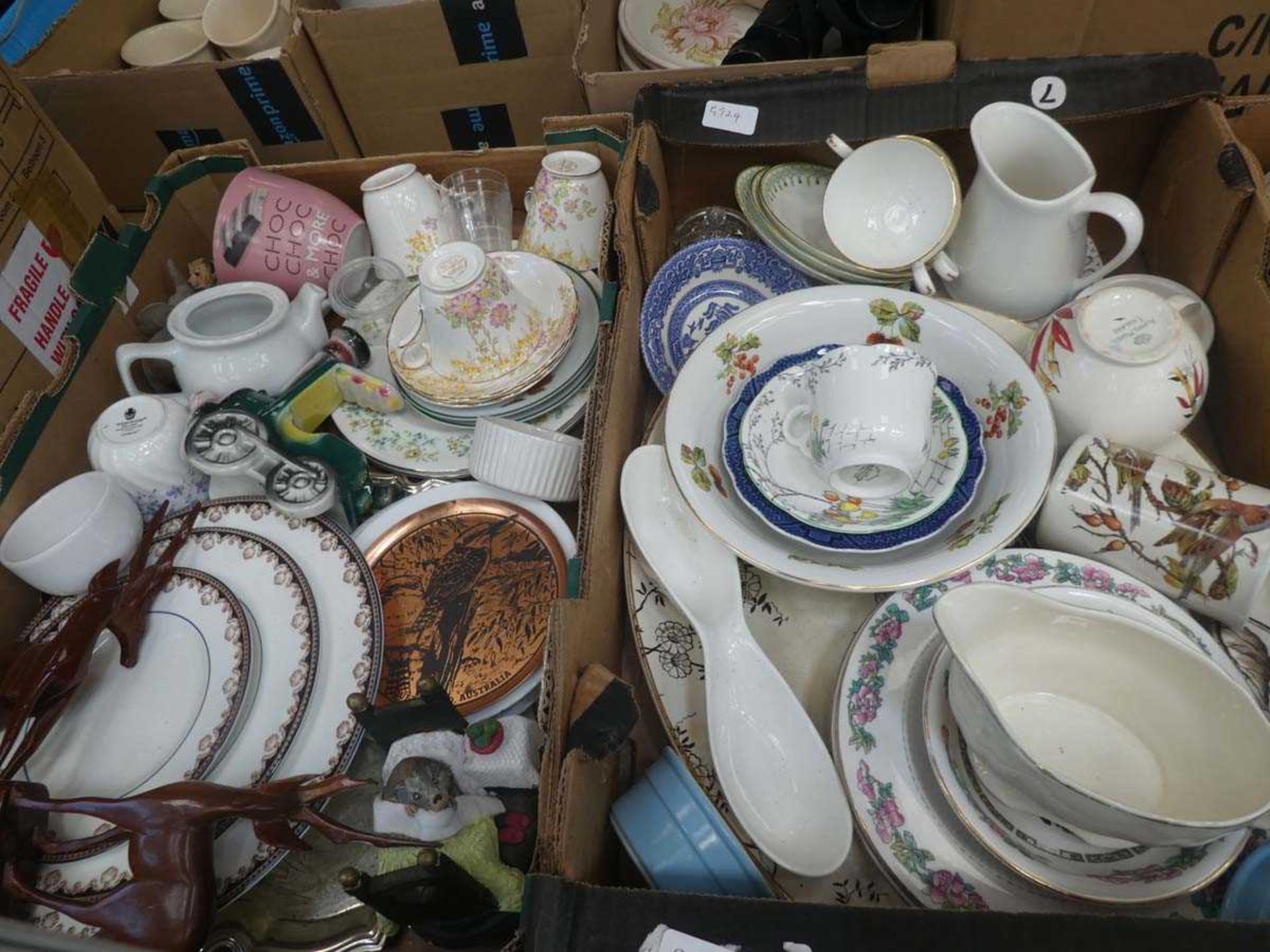 Four boxes of assorted china to include gravy boats, teacups, train figures, carved wooden - Image 3 of 3