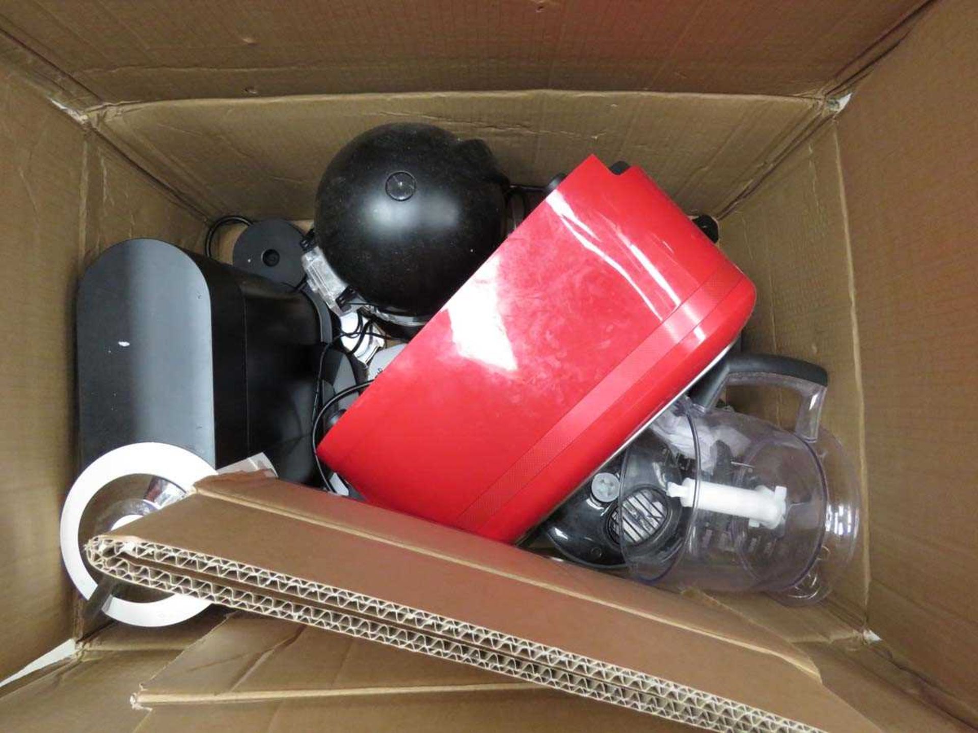 +VAT Box of mixed kitchenware to include a toaster, coffee machine etc.