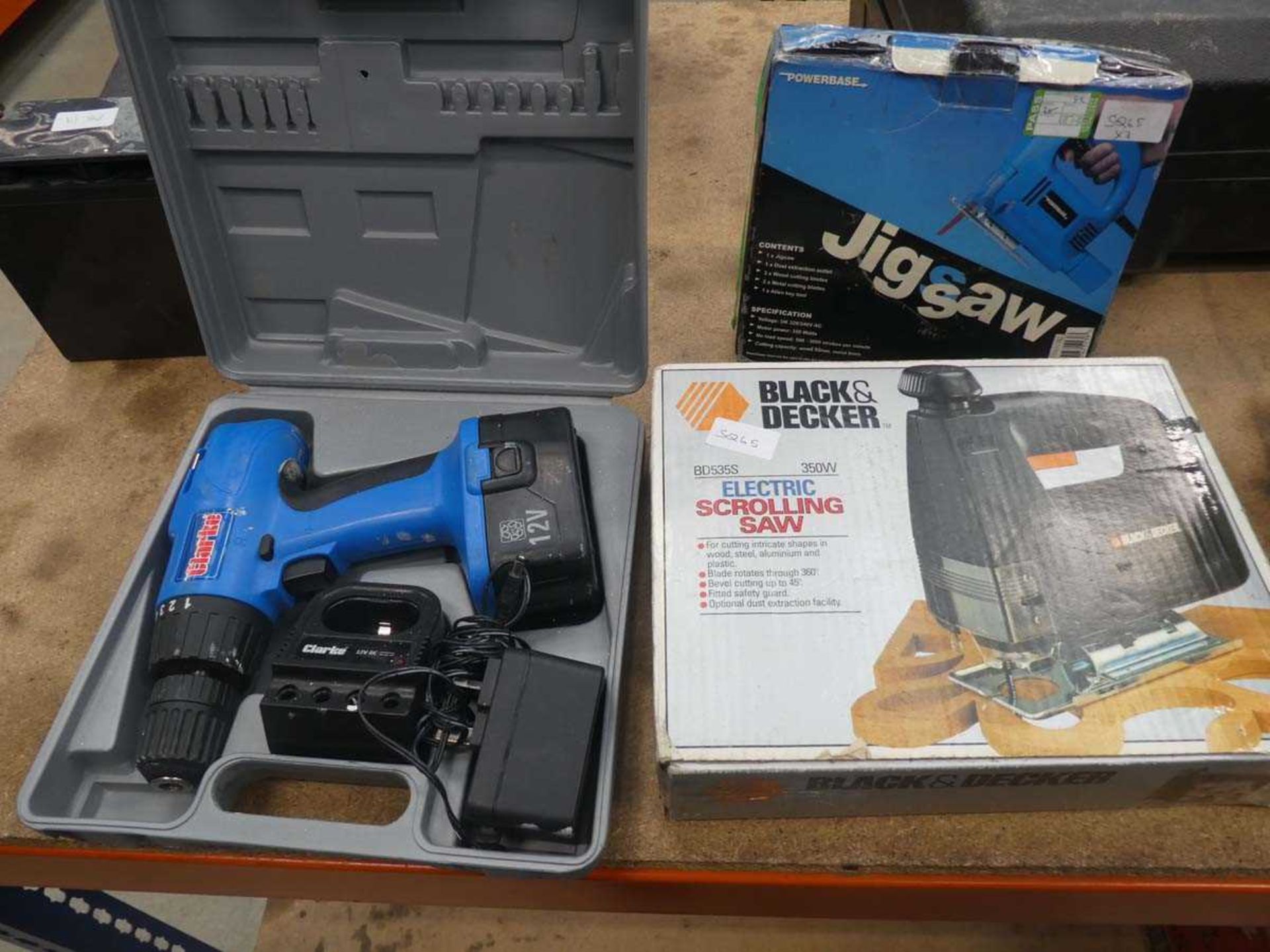 Clark battery drill, PowerBase jigsaw and a Black & Decker jigsaw
