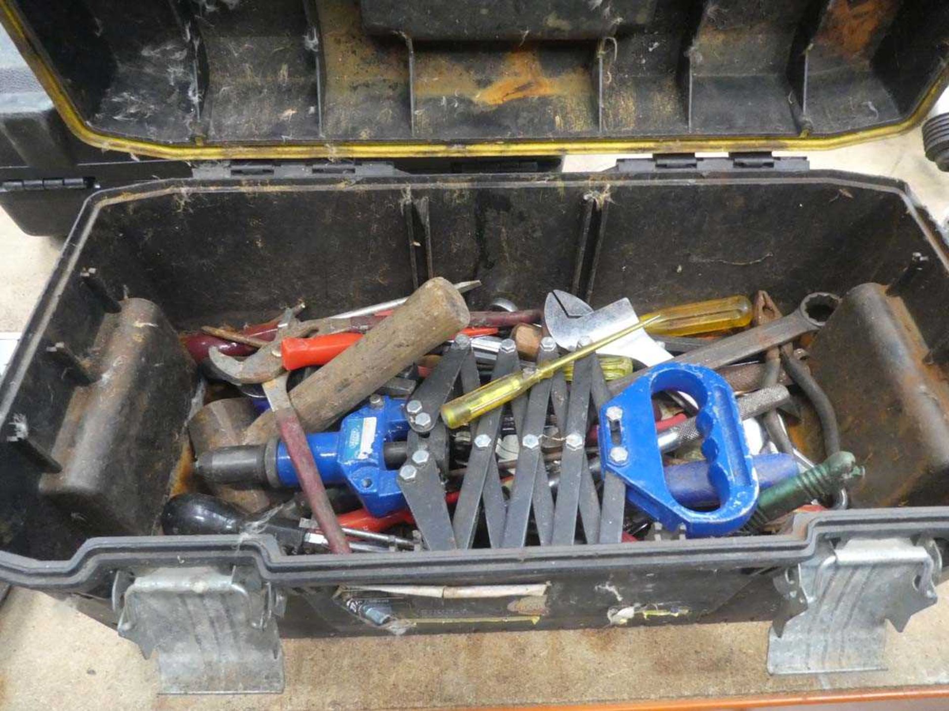 Stanley FatMax toolbox containing various tools to include Lazy Tong riveter, hammers, spanners,