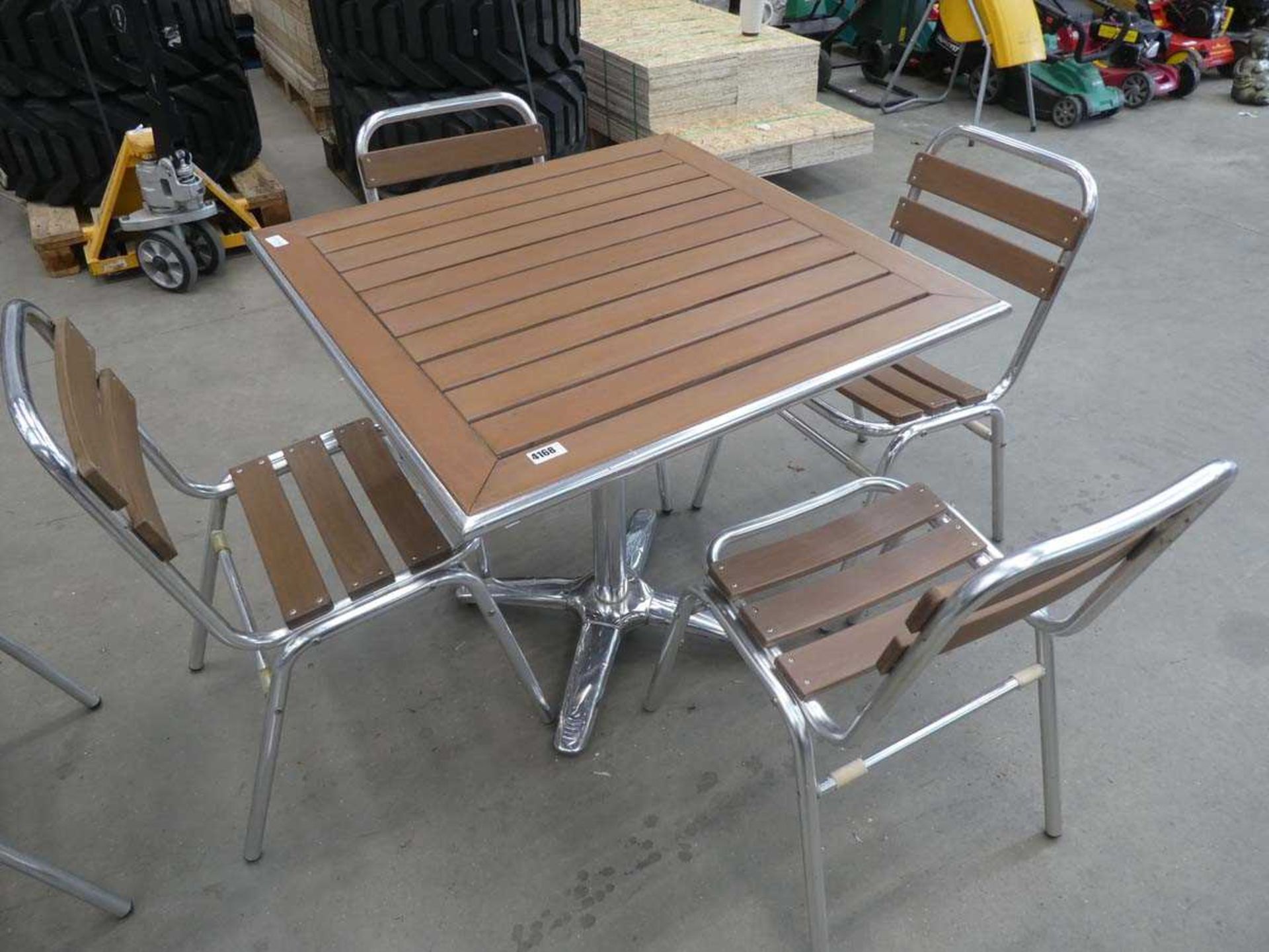 Wooden square topped aluminium framed bistro table with 4 matching chairs