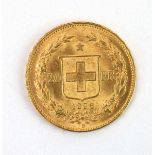 A Swiss 20 franc coin dated 1896