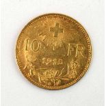 A Swiss 10 franc coin dated 1915
