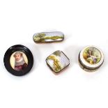 A group of three over-painted enamel trinket boxes together with a miniature portrait of a female