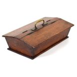 An oak two-compartment knife box with a brass swan handle, l. 43 cm