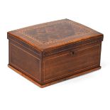 A late 19th century walnut crossbanded, strung and marquetry jewellery box with a detachable tray,