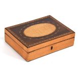 A 19th century and later sycamore jewellery box with marquetry stringing and an oval panel, w. 21