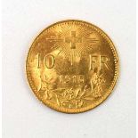 A Swiss 10 franc coin dated 1915