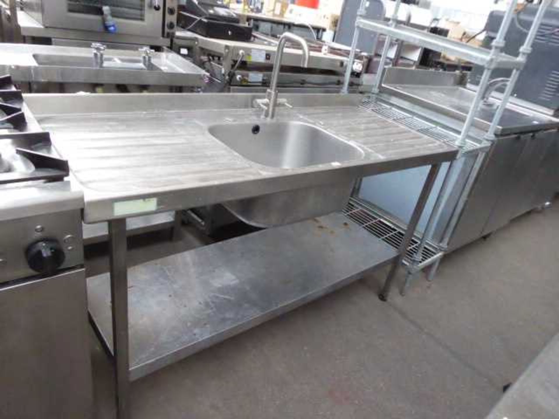 150cm stainless steel preparation table with single bowl, tap set and shelf under