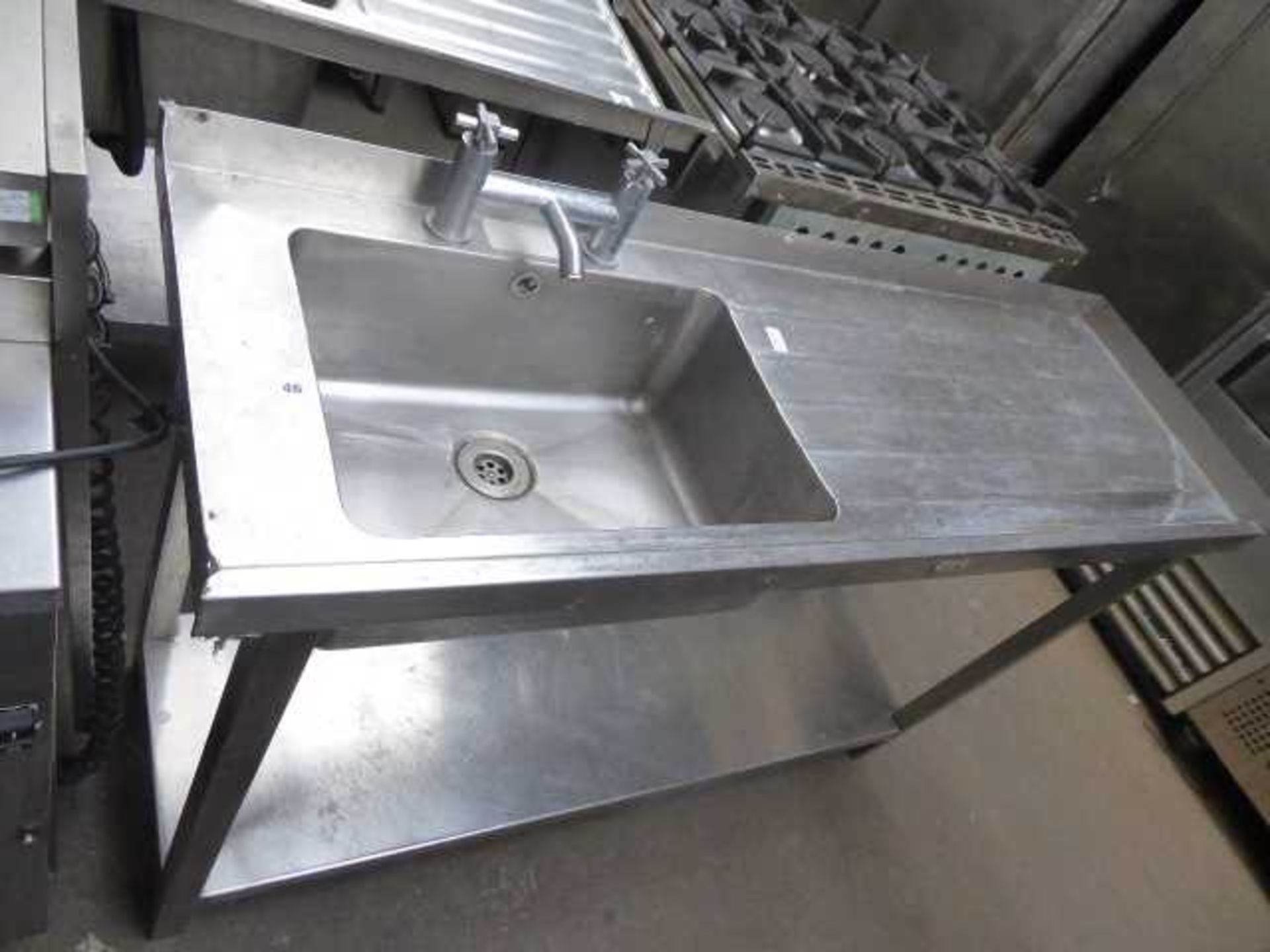 145cm stainless steel single bowl sink with tap set, draining board and shelf under - Image 2 of 2