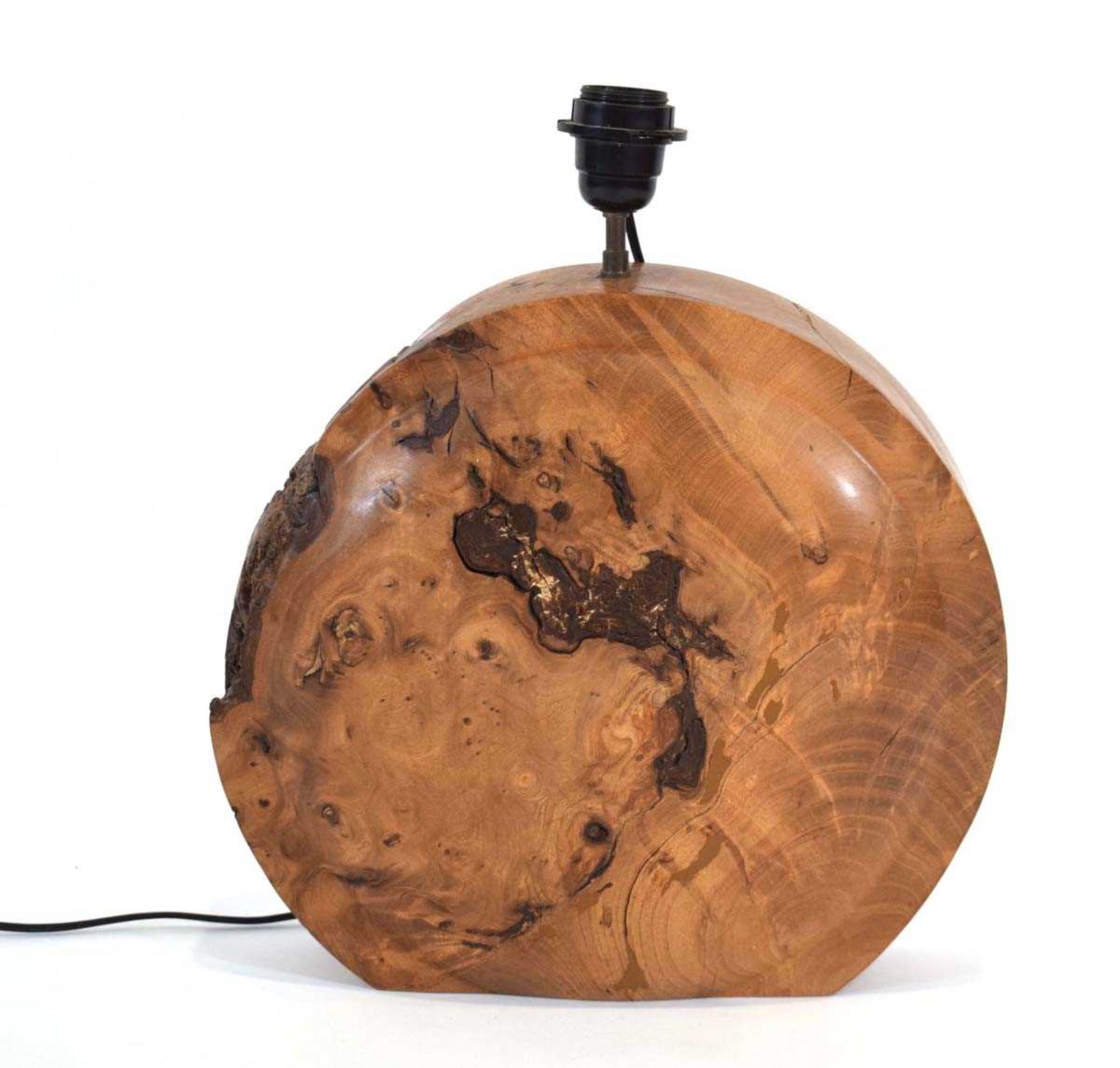 A natural wood table lamp of moon form, ink stamp to base (illustrated), h. 42 cmLead cut, working