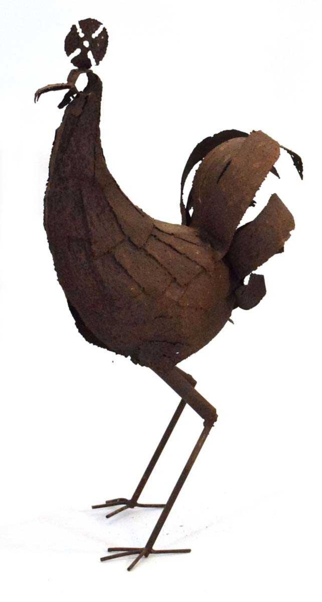 A cast metal Brutalist-type sculpture modelled as a cockerel, h. 115 cmStructurally sound- stands - Image 2 of 2