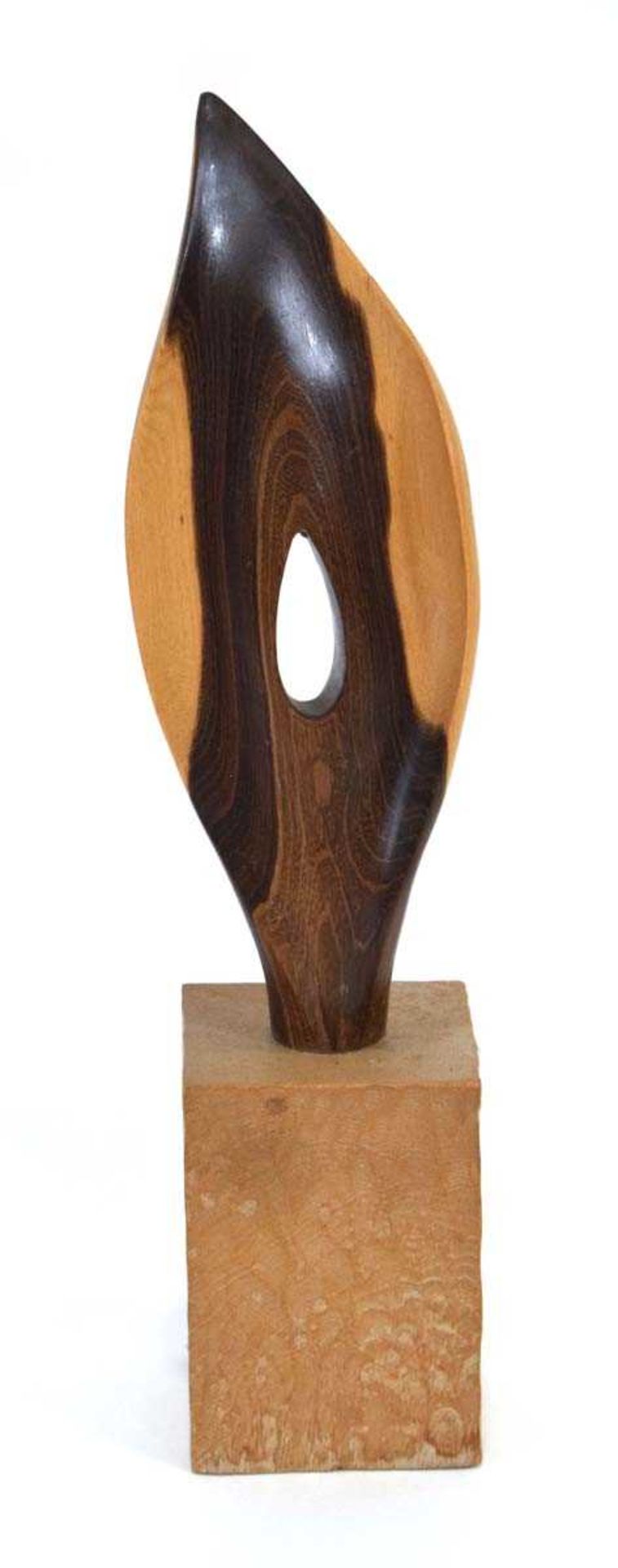 Russell Watson, a 1977 handcrafted sycamore sculpture on a cuboid base, signed, h. 38 cm