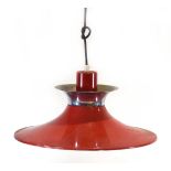 A 1970's red enamelled and aluminium highlighted ceiling lightWorking order unknown. Heavy wear