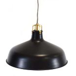 A black enamelled pendant light with brass fittingsWorking order unknown. Some wear.
