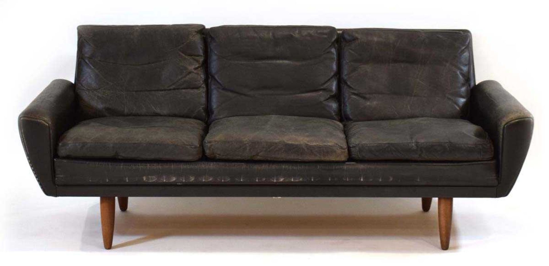 A 1960's Danish black leather three-seater sofa on teak tapering legs*Sold subject to our Soft - Image 3 of 6