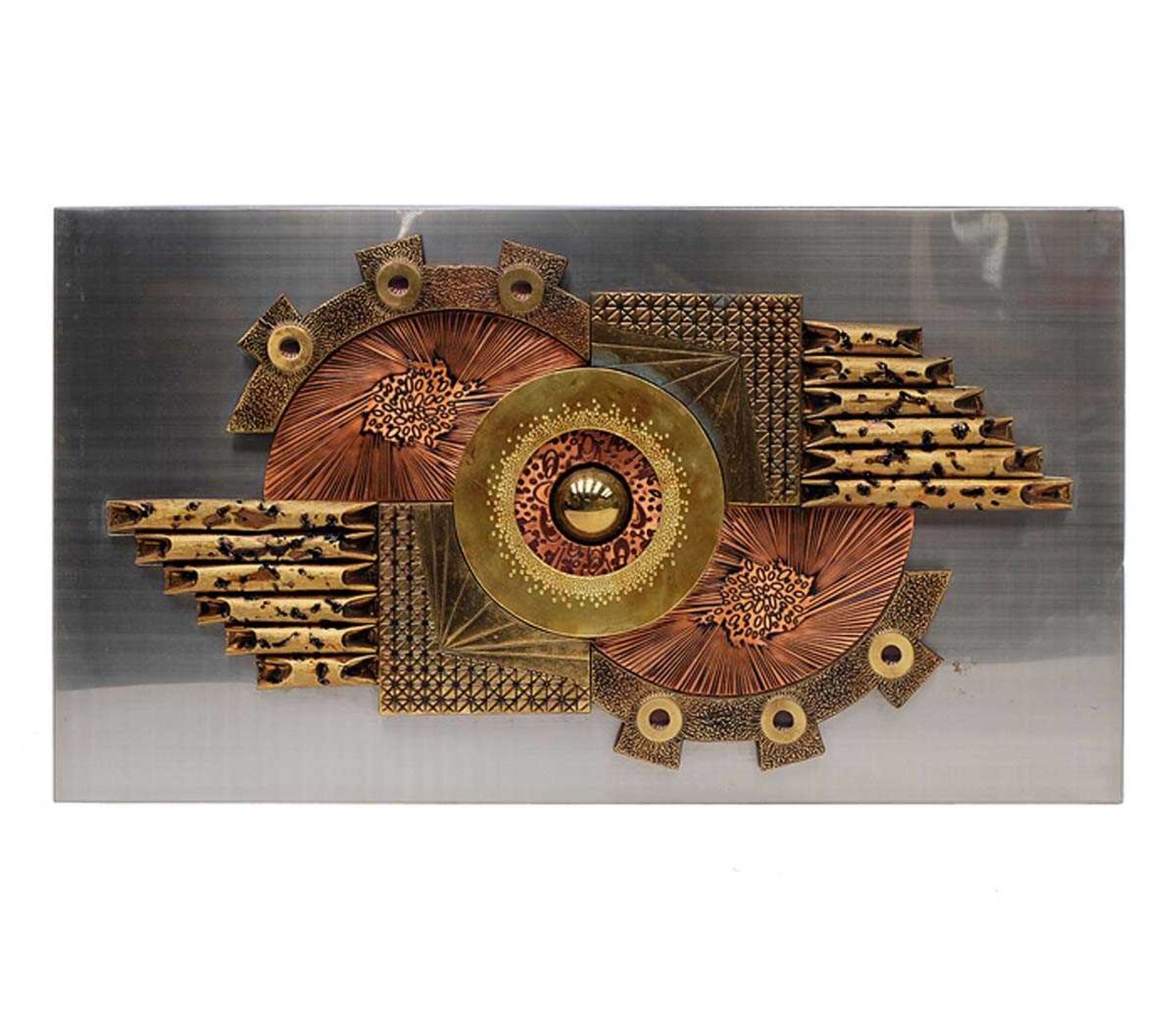 A 1970's wall sculpture by Stephen Chun of Hong Kong, polished aluminium mounted with copper and - Image 2 of 2