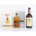 3 bottles, 1x Jura Origin 10 year old Single Malt Scotch Whisky with box 40% 70cl, 1x Seagram's