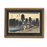 Japanese School,Figures walking to a village,woodblock print,image 23 x 34 cm