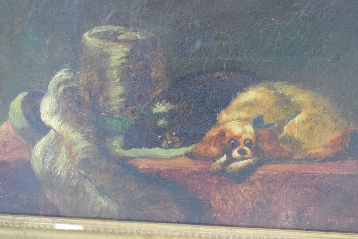 Early 20th Century English School,A pair of dogs sleeping in a sitting room,unsigned,oil on canvas, - Bild 2 aus 4