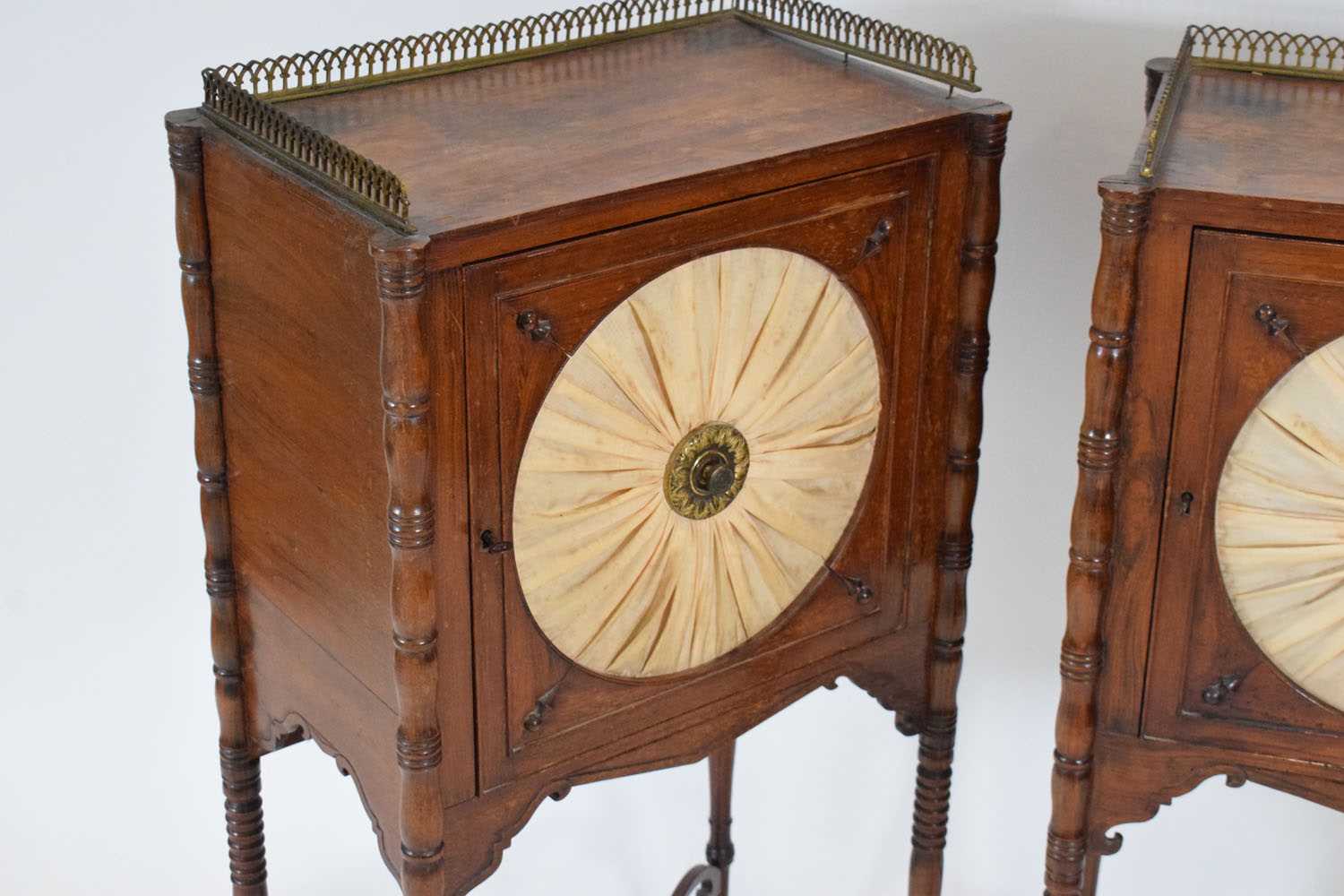 A pair of Regency rosewood and brass mounted pot cupboards, the doors with watered silk panels, on - Bild 4 aus 24