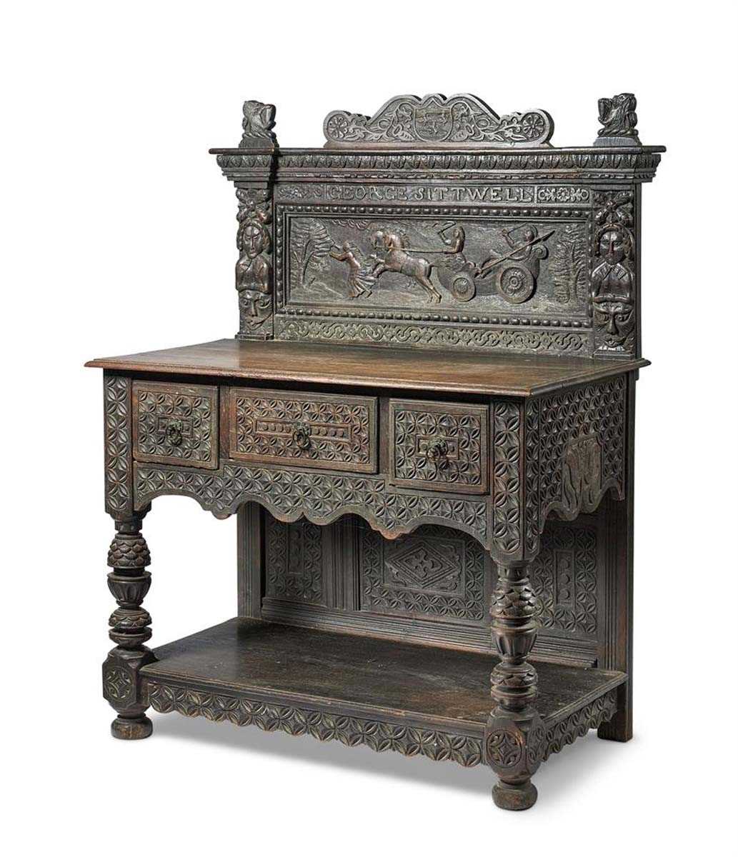 A 19th century carved oak sideboard in the 17th century manner, the superstructure frieze carved for - Bild 3 aus 3
