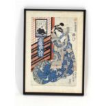 After Utagawa Toyokuni III (1786-1865),A figure in blue robes,Japanese woodblock print,image 37 x 24