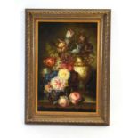 20th Century School,A still life study of a classical urn, dahlias and tulips,unsigned,oil on